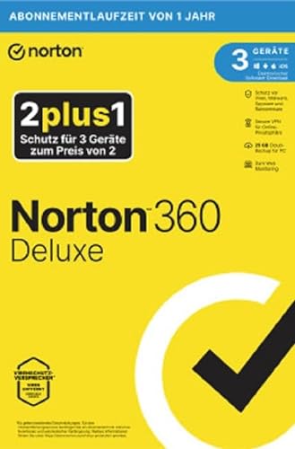 Norton 360 Deluxe 2024, 2+1 Edition, Antivirus, Unlimited Secure VPN, Password Manager | 3 Geräte | 1 Jahr | PC/Mac/Android | Aktivierungscode in Originalverpackung