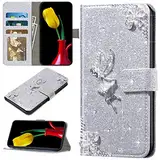 URFEDA Kompatibel mit iPhone 12 Pro Max Handyhülle Leder Handytasche,Bunt Glitzer Bling Glänzend Diamant Strass Blumen Engel Muster Schutzhülle Brieftasche Klapphülle Lederhülle Flip Case,Silber