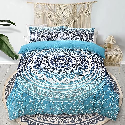 Menkala Bettwäsche 135x200 Blau Weiß Mandala Boho Style Vintage Blumen Muster Wendebettwäsche 2teilig Retro Floral Bohemian Motiv 3D Microfaser Bettbezug Reißverschluss und Kissenbezug 80x80 cm