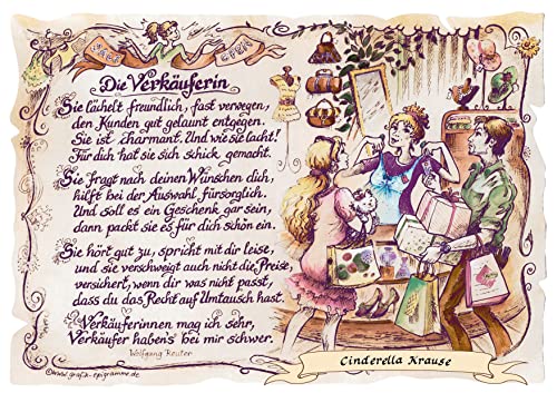 Die Staffelei Geschenk Verkäuferin/Witziges Gedicht mit liebevoller Zeichnung auf hochwertigem Papier/besondere Geschenkidee für die Verkäuferin