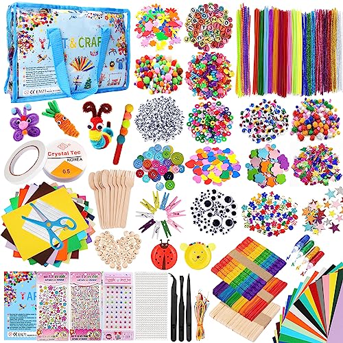 YUTUY Bastelset Kinder,2650+Pcs DIY Bastelbedarf für Kinder,Kunst und DIY Handwerk für Kinder in Aufbewahrungstasche,Scrapbooking Bastelset, Pfeifenreiniger,Pompons,Federn,Perlen,Scrapbooking