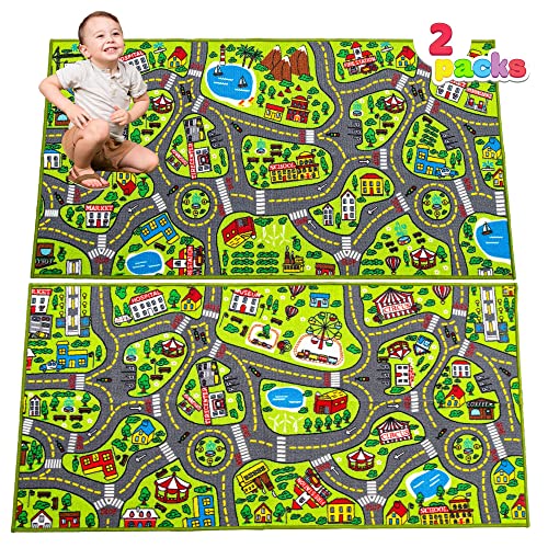 JOYIN 2 Teppich Kinderzimmer 80x150cm (Gesamt 160x150cm) für Kinder ab 3 Jahren, Spielteppich Straße Kinderteppich, Autoteppich Junge Mädchen für Schlafzimmer & Spielzimme