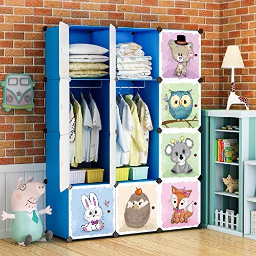 BRIAN & DANY Erweiterbares Kinderregal Kinder Kleiderschrank Bücherregal mit Türen & 2 Aufhängern, Tiefere Fächer als Normal (45 cm vs. 35 cm), 110 x 47 x 147 cm, Blau