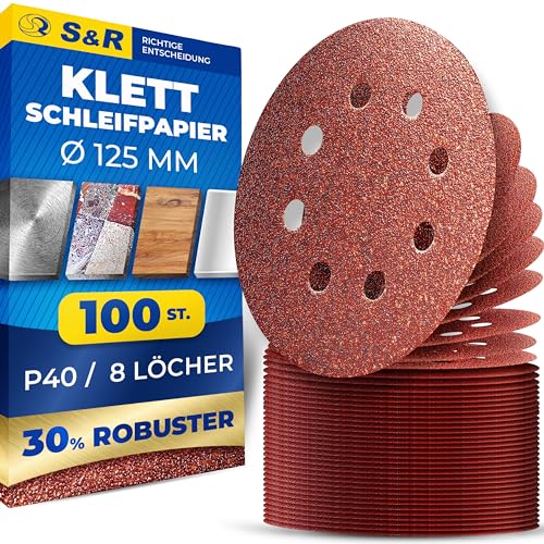 S&R Klett Schleifpapier Set 125 mm, Meister, 8 Löcher, 100 St. in Körnung P40, Schleifblätter, Schleifscheiben für Exzenterschleifer, Klettschleifpapier, zuverlässige Haftung am Schleifteller