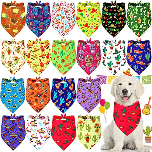 20 Stück Cinco De Mayo Mexiko Hundehalstuch, verstellbar, dreieckig, Polyester, Fiesta, Haustierschal, waschbar, atmungsaktiv, Haustierhalstuch für Hunde und Katzen, Tag der Toten, Kostümzubehör