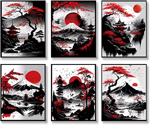 Japanische Wandkunstdrucke, japanische Landschaftsposter, rote und schwarze Kirschblütenbäume, Bild, modische Leinwand-Kunst, Gemälde für Wohnzimmer, Schlafzimmer, Wanddekoration, 6er-Set (20,3 x 25,4