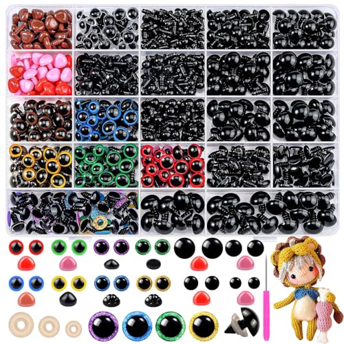 Gushu 1100 Stück Sicherheitsaugen und Nasen für Häkeltiere, Amigurumi Augen zum Häkeln, Bunte Puppenhäkelaugen mit Unterlegscheiben für Plüschtiere, Häkelspielzeug, Plüschpuppen und Teddybären