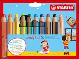 Buntstift, Wasserfarbe & Wachsmalkreide - STABILO woody 3 in 1 - 10er Pack mit Spitzer - mit 10 verschiedenen Farben