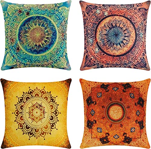 tronisky 4er Set Dekorativ Kissenbezug Kissenhülle, Indische Hippie Böhmischen Mandala Blume Muster Dekokissen Kissenbezüge aus Baumwolle Leinen Kissen Fall für Sofa Home Dekor, 45x45 cm