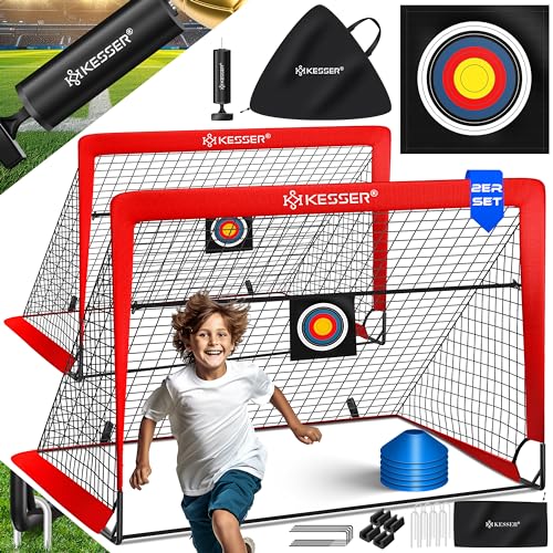 KESSER® Fußballtor Kinder Pop-Up 2er Set | Fußball-Tore Faltbar mit Glasfaserstangen & hochwertigen Tornetzen für Indoor, Outdoor & Garten | Mit Transporttasche 6X Hütchen Ballpumpe Zielscheibe Rot