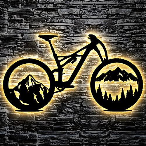 Fahrrad Wald Skyline LED Wandbild Leuchtschild Geschenke - Wand Lampe - zum Geburtstag oder Jubiläum für die Familie Bruder Schwester Kinder Vater Mann Frau Jungs Mädchen Männer