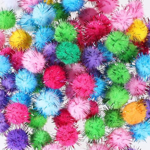 Oruola 100 Stück 2cm Glitter Pom Poms,Glitzernde Katzen Bälle Katzenspielzeug,Katze Sparkle Balls,Multicolor Bulk katzenbälle für Innenräume,Lametta Bälle für Katzen für kreative Dekorationen