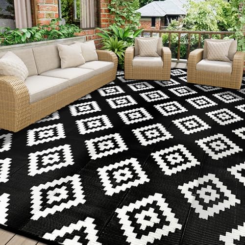 Homcomodar Outdoor Teppich 245x305cm Patio Teppich Kunststoff Stroh Teppich UV-beständige Camping Matte Reversible Matte Outdoor Teppich für Patio Clearance Picknick Deck(Schwarz)