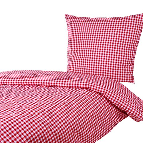 Hans-Textil-Shop Seersucker Bettwäsche Karo 5x5 mm - Baumwolle, Bettbezug, Bügelfrei, Sommerbettwäsche, Landhaus (Rot, 135x200 80x80 cm)