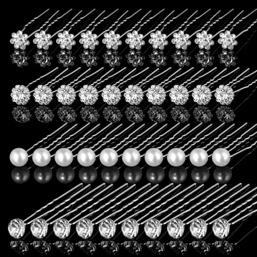 40 Stück Braut Haarnadeln Hochzeit Perlen Haarschmuck Silber Strass Brautschmuck Haare mit Perlen Blume Kristall Strass U-förmig Hochzeit Kommunion Haarschmuck für Damen Mädchen