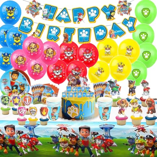 Dog Partygeschirr Set, 77 Stück Geschirr Set Partyzubehör, Dog Pappteller Set, Cartoons Partygeschirr Set, Dog Geburtstag Geschirr Set mit Teller, Becher, Servietten, Tischdecke für 10 Gäste