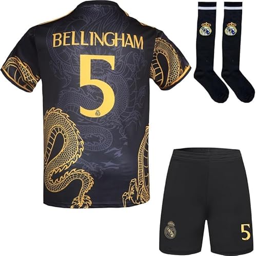 Hawkara R. Madrid Bellingham #5 Kinder Trikot Fußball Spezielle Golddrachen-Edition, Shorts Socken Jugendgrößen (Schwarz,26)