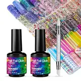 BURANO Transferfolien Gel Nagelfolien Keber Nail Art Foil Kleber Gel, Transferfolie Nägel 15ML 2 Flaschen mit 70PCS Foliensticker Set Nagelfolienkleber für Nägel, Designer Nagelfolien Nailart Folie