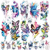 Acevegue 79 Blätter Aquarell Schmetterling Temporäre Tattoos Set, 15 Große und 64 Klein Bunt Fake Tattoos Aufkleber für Frauen Damen Mädchen, 3D Realistische Sexy Tattoos zum Aufkleben