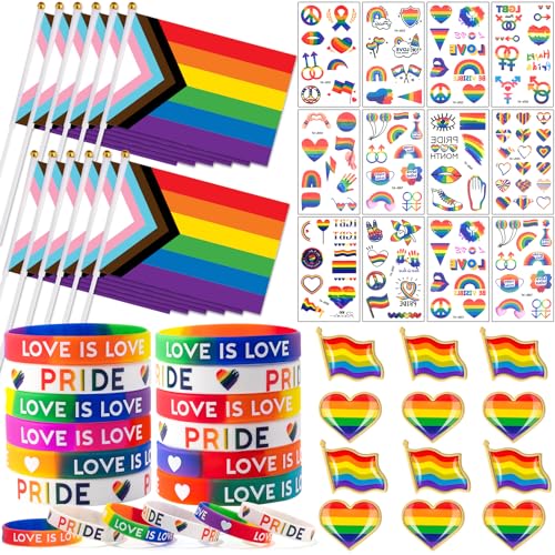 vamei 48STK Pride LGBTQ Accessoires mit Pride Regenbogen Lesbian Armband Pride festival Regenbogen Tattoo Pride Pins Regenbogenfahne Geschenke Pride Schmuck für Gay Pride Rainbow Party