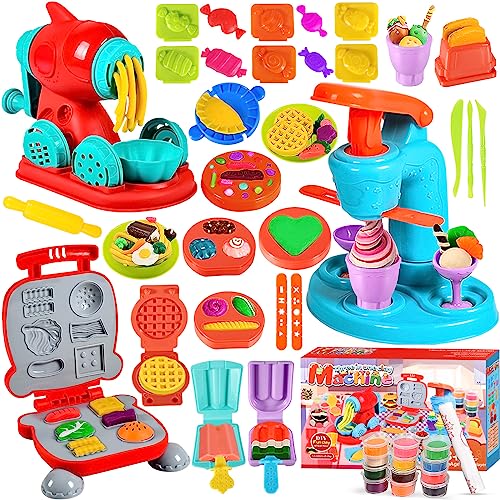 MUOIVG 51 Stück Knete Dough Set für Kinder, Kitchen Creations Nudelmaschine Spielset Burger Eiscreme, Knete Zubehör mit Accessoires und 12 Dosen Knete, Spielzeug Geschenk mädchen & Junge 2-10 Jahre