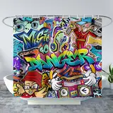 AILONEN Hip-Hop-Graffiti-Duschvorhang für Badezimmer, bunt, Graffiti-Musik-Tänzerin, Badezimmer-Vorhang für Kinder, Jungen, Mädchen, Badvorhang, 183 x 243,8 cm, Polyester, wasserdicht,