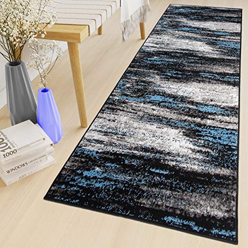 TAPISO Maya Teppich Läufer Meterware Kurzflor Wohnzimmer Flur Küche Modern Brücke Grau Blau Schwarz Verwischt Meliert Design ÖKOTEX 120 x 210 cm