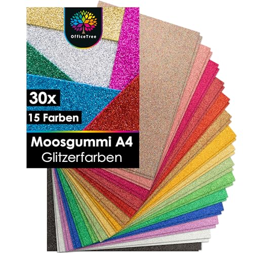 OfficeTree 30x Bögen Glitzer Moosgummi 2mm - Moosgummi Platten A4 - Moosgummi Glitzer - Schaumgummi Basteln - Schaumstoff zum Basteln - Glitzermoosgummi A4 für DIY Bastelarbeiten