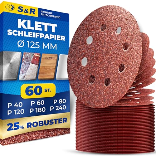 S&R Klett Schleifpapier Set 125 mm, Meister, 8 Löcher, 60 St Schleifblätter, Schleifscheiben für Exzenterschleifer, je 10 x Körnungen P40, P60, P80, P120, P180, P240, zuverlässige Haftung