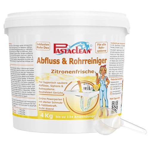 Pastaclean® Abflussreiniger (4 kg) Rohrreiniger, Entfernt Rohrverstopfungen im Bad & Küche, EXTRA STARK - Bis zu 134 Anwendungen, Entfernt Haare, Ablagerungen & Gerüche, (Duft: Zitrone)