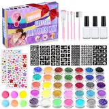 492 Glitzer Tattoo Set Mädchen Temporäres, 41 Farben Glitzerpulver 215 Strasssteine 204 Schablonen 24 Glitzerpulver 3 Kleber 5 Pinsel Wasserdichte Tattoos für Partys