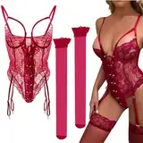 Sadodo Dessous Sexy Sets,Strapsen Dessous Set mit Spitzenstrümpfe,Erotiek Wäsche für Fauen,Babydoll Damen Bodysuit,Overall Lingerie mit Loch Reizwäsche Höschen Strumpf,Sexy Unterwäsche Rot