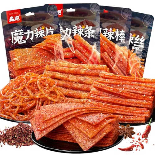 Latiao 4 Pack, Latio Chinese Snack, Chinesische Würzige Snacks, Würzig Gewürzte Snacks, Klassische Hot Strips fürs Büro, Partys