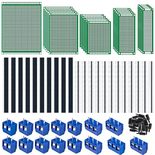 78Stk Lochrasterplatte Kit,21er Doppelseitig PCB Board leiterplatte Lochrasterplatine lochplatine,22Stk männlich weiblich 40 Pinne Kopfleiste,15Stk 2P&3P Screw Terminal mit 20 Tabletten Nylonsäule