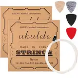 2 Sets von Nylon Ukulele Saiten mit 4 Filz Picks, Saiten sind Weiß, Picks sind Gelb, Grau, Schwarz, Rot