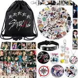 Stray Fanartikel Geschenk Set für STAY, Stray Merch mit 1 SKZ Turnbeutel, 1 Schlüsselanhänger, 1 Handy Ring, 1 Schlüsselband, 1 Armband, 1 Halskette, 4 ins, 50 Aufkleber, 55 Photocard