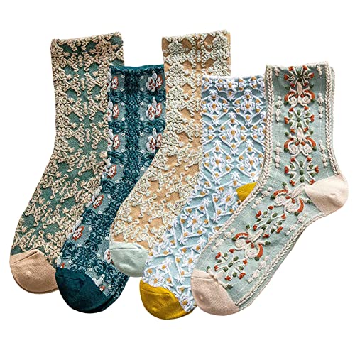 DXYAKY 5 Paar Damen-Socken mit Blumenmuster, Baumwolle, Vintage-Muster, Rundhals-Socken, Knöchel, gerüscht, warm, lässig, Socken, 5 Paar – Blau, Einheitsgröße