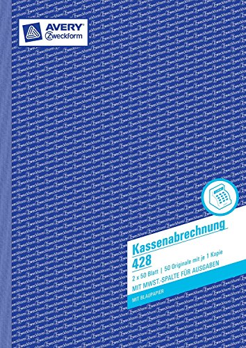 Avery Zweckform 428 Kassenabrechnung, DIN A4, mit MwSt.-Spalte, 2 x 50 Blatt, weiß, gelb (2er Pack)