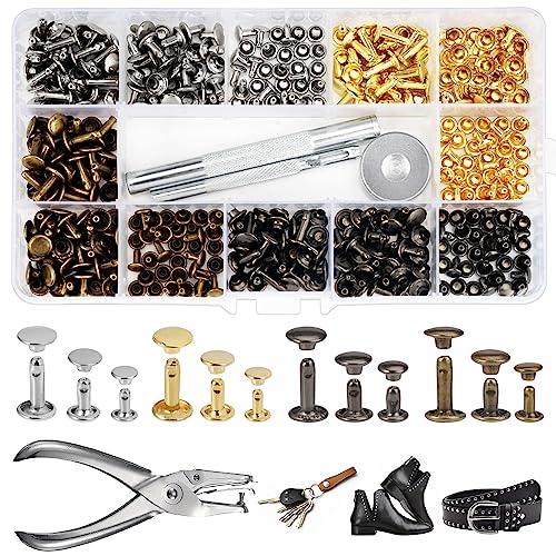 Leder Nieten Set,180 Set Metallniete Doppelkappe mit Nietenzange Lochzange Hohlnieten 12mm 8mm 6mm Nieten für Leder Nieten für Kleidung,mit 3 Werkzeug, für DIY Handwerk Reperatur Dekoration,4 Farben