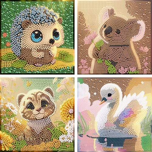 Wenfdrtr 4er Set Diamond Painting Kinder Tiere- 5D Diamant Painting Bilder Kinder, DIY Tiere Mosaik Bastelset für Kreative Geschenk Mädchen Junge Ab 6 7 8 9 10 11 12 (15x15 cm)