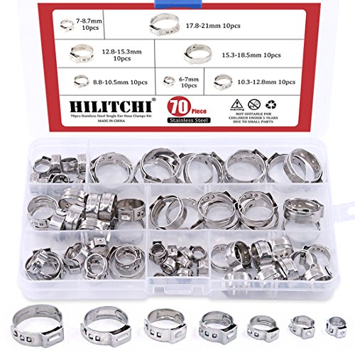 70Pcs Single Ear Stepless Hose Clamps Stainless Steel Cinch Clamp Rings Hose Clamps Kit for Tubing Pipes with Storage Box