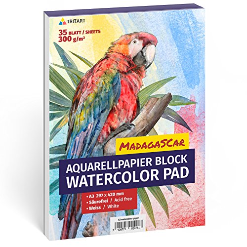 Tritart Aquarellpapier Din A3 300g/m² - Malblock A3 mit 35 Blatt - Aquarellblock zum Malen - Watercolour Paper - Aquarell Papier Zeichenpapier Mal Papier A3 - Acrylfarben Papier