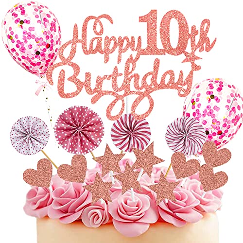 Neodtx Tortendeko 10 Geburtstag Mädchen,17 Stück Rosa Geburtstagsdeko Torte Für 10 Jahre,Pink Happy Birthday Kuchen Dekoration Glitzer Cake Topper Mit Luftballons Papierfächer Geburtstag Party Deko