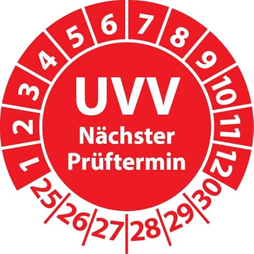 Prüfplakette UVV Nächster Prüftermin, Vinylfolie, Prüfaufkleber, Prüfetikett, Plakette UVV-Prüfung (30 mm Ø, Rot, 100)