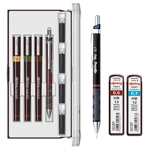 rOtring Isograph S0699320 Junior Set 3 x technische Stifte | 0,20 mm, 0,30 mm, 0,50 mm Fineliner | Set mit Bleistift 0,7 mm und 0,5 mm HB, 0,7 mm HB Minen