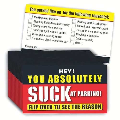 CDXHOME Bad Parking Karten – 100 Stück, mit englischer Aufschrift "You Absolutely Suck At Parking", lustige Parkverstöße mit verschiedenen Gründen der Verletzung (8,9 x 5,1 cm), Rot