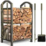 Amagabeli Kaminholzregal Innen Brennholzregal mit 4 Kaminwerkzeug 74x40x30cm Kaminholzständer für Innen und Außen Kaminholzhalter Holzregal für Kamin Kaminofen Besteck Schmiedeeisen Bronze