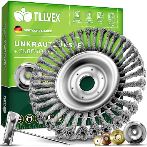 tillvex® Profi Unkrautbürste für Freischneider & Motorsense [Design 2024] | Wildkrautbürste 25,4 & 20mm Bohrung | Drahtbürste zur effektiven Unkrautentfernung | Bürste inkl. Montagezubehör