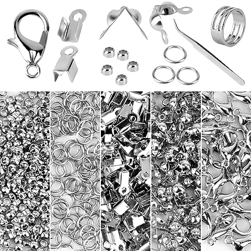 1150 Stück Schmuckherstellung Zubehör Set, Silber Kettenverschluss 5mm Biegeringe Quetsch-Crimp-Enden Perlenspitzen Quetschperlen, Schmuck Basteln Zubehör für DIY Halskette Armband Ohrringe