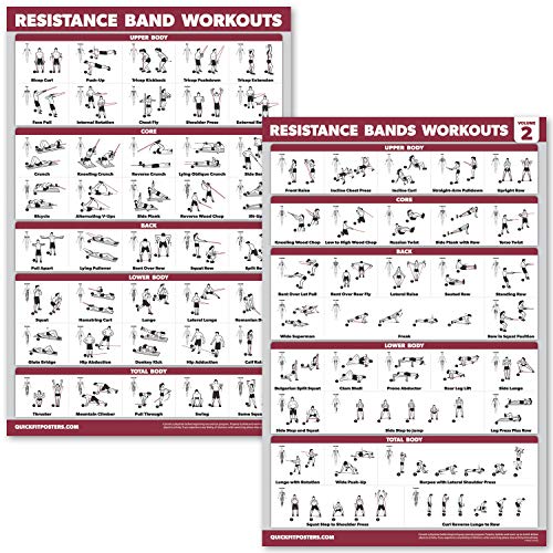 QuickFit 2 Pack Resistance Bands Volume 1 & 2 Exercise Poster Set - Resistance Tubes Workout Charts (Laminated, 18" x 27")